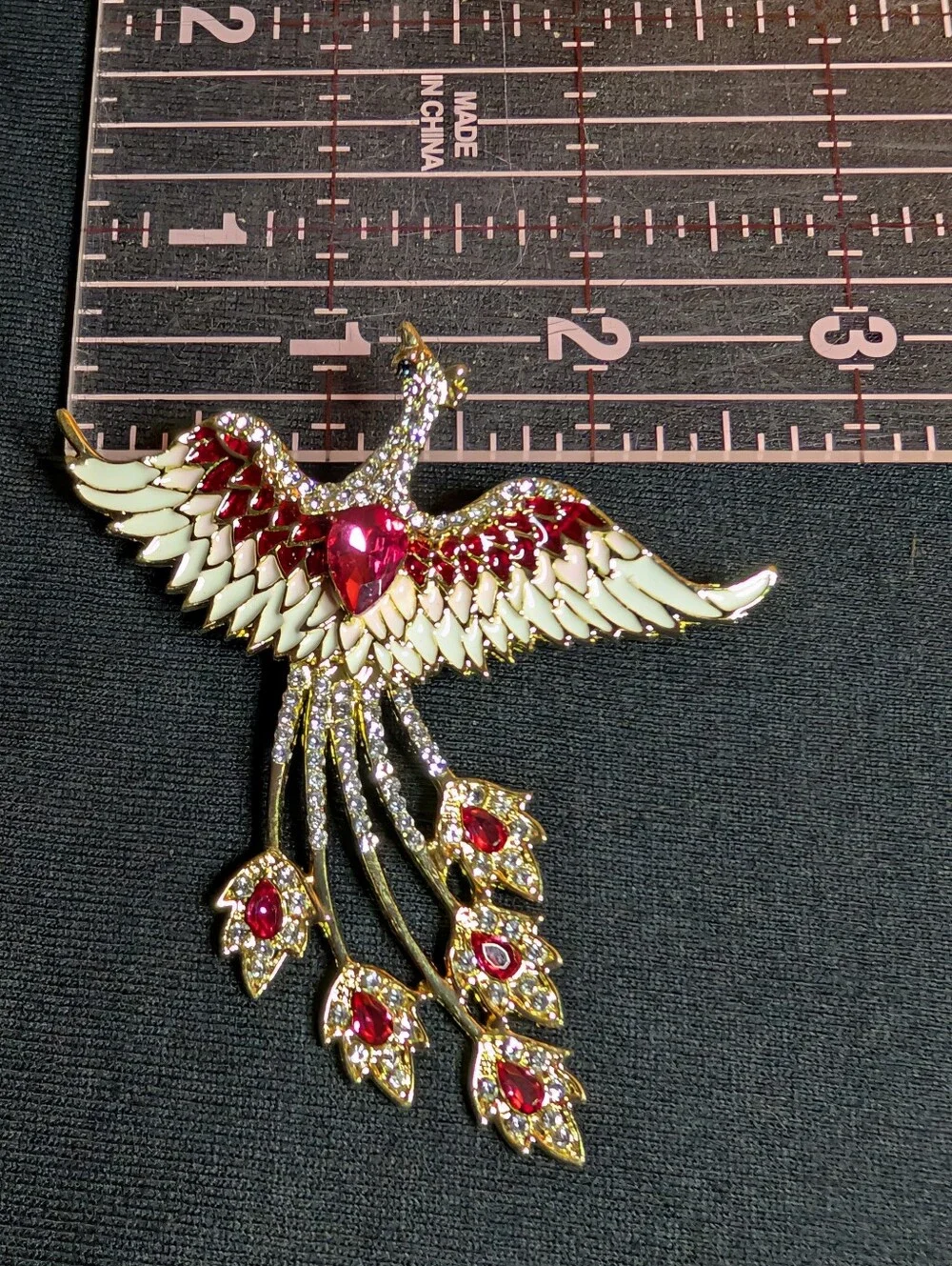 Gold and Red Phoenix Bird Brooch - Sparkling Enamel & Crystal Accent